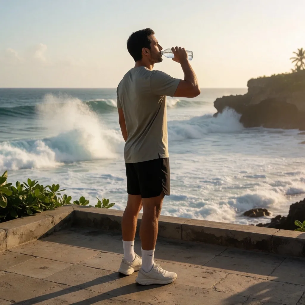 Man resting after exercise on Bali beach steps